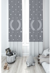 Resim Mekta Home Bebek Ve Çocuk Odası Çelenk Yıldız Desenli Çerçeveli Gri 2 Kanat Fon Perde 
