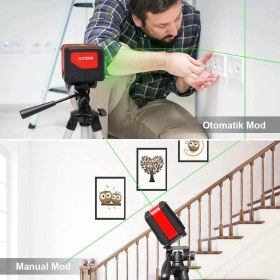 Resim Kobb KBL92G Yatay ve Dikey Otomatik Hizalamalı Yeşil Çapraz Çizgi Lazer, 2 Noktalı Şakül Lazer Distomat + Mini Tripod 