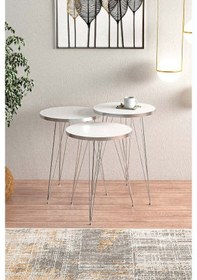 Resim Beyaz Gümüş Metal Ayaklı Gümüş Detaylı Zigon Sehpa 