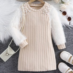 Resim Kızlar için Zarif Bej Suni Kürk Elbise - Uzun Kollu, Kabartmalı Dokulu, Vücut Tipi, Bahar ve Yaz için Mükemmel, Cadılar Bayramı ve Günlük Geziler için İdeal, Kızlar için Cadılar Bayramı Elbiseleri, Bahar Modası, Şık Tarz, İnci Süslemeleri, Kız Giysileri 