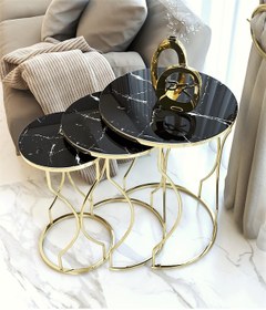 Resim GEZEGEN GOLD MERMER DESENLİ SİYAH SEHPA sarı ayaklı gold zigon sehpa ,kırılmaz camlı zigon sehpa Renk GOLD 
