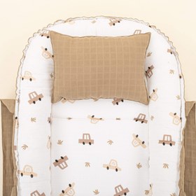 Resim Babynest ve Yastık - Çift Taraflı - Toprak Muslin - Kahverengi Arabalar 