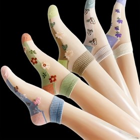 Resim 5 Çift Kadın İnce, Nefes Alabilen Çoraplar - Çiçek Desenli, Kısa, Şeffaf Kumaş, Hafif 200g/m², Elde Yıkanabilir, Moda Çoraplar|Çiçek Desenli Çoraplar|Nefes Alabilen Kumaş 
