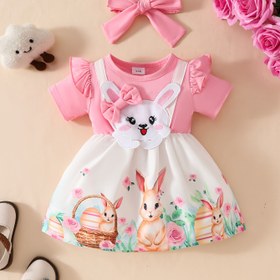 Resim Kızlar İçin Sevimli Tavşan Baskılı Kısa Kollu Elbise ve Uygun Başlık - Yumuşak Polyester Karışımı, Sevimli Tavşan Tasarımı, Beyaz Yaka, Pembe Çiçek Deseni, Küçük Çocuklar İçin Yazlık Kıyafet, Dış Mekanlar İçin Mükemmel 