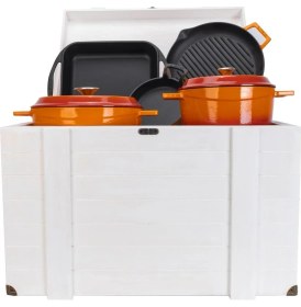 Resim Lava Döküm Beyaz Ahşap Sandık Hediyeli Turuncu Çeyiz Seti 