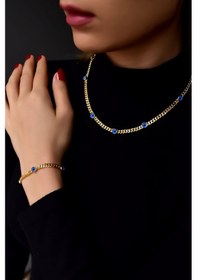 Resim Papatya Silver 925 Ayar Gümüş Gold Kaplama Cam Göz Zincir Kolye ve Bileklik Set 