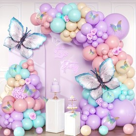 Resim 108 parça Kelebek Balon Takımı, Dev Lateks Kelebekler, Pastel Mor Pembe Camgöbeği Süslemeleri, Bebek Şenliği, Prenses Temalı Doğum Günü, Düğün Parti Malzemeleri 