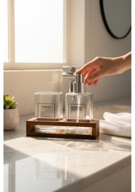 Resim Akayev 2 Bölmeli Akasya Standlı Cam Sabunluk Ve Diş Fırçalık Seti Beyaz 