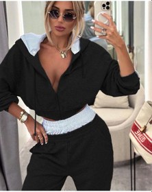 Resim Çizgili Yaka Detaylı Crop Fit Eşofman Takımı Şehirli Şıklığın En Güçlü Hali Siyah 