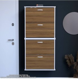Resim Modilayn Umay' 2 Li Asma Antre Hol 72 X 148 X 25, 5 Cm Lik 4 Düşer Kapak 8 Raf Bölmeli Ayakkabılık Beyaz - Ceviz 