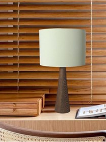 Resim Ahşap Konik Gövdeli Dizayn Abajur Kumaş Başlık Krem Ceviz 