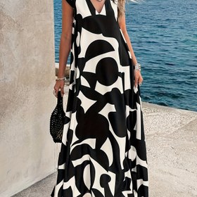 Resim Kadınlar için Siyah Beyaz Geometrik Desenli Maksi Elbise - V Yaka A Kesim Resmi ve Günlük Kıyafet, Makinede Yıkanabilir Şık Parti Elbisesi 