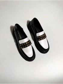 Resim Eataly Shoes Luis Siyah Beyaz Gold Tokalı Kadın Oxford Ayakkabı 