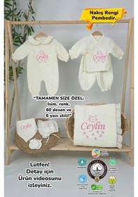 Resim Gros Shop Müslin Yeni Doğan 4katlı Organik %100pamuk Kişiye Özgü Nakışlı Hastane Çıkış Seti Kedi Patisi Ekru-1 