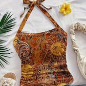 Resim Kadınlar için Bohem Paisley Boyun Bağlamalı Üst - Altın Güneş & Çiçek Baskılı, Yazlık Kolsuz Kısa Atlet, Vintage Tarzı, Makinede Yıkanabilir, Tatil Giyimi, Dekoratif Bağ Detayı, Rahat Yazlık Kıyafet, Şeffaf Olmayan Kumaş 