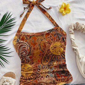 Resim Kadınlar için Bohem Paisley Boyun Bağlamalı Üst - Altın Güneş & Çiçek Baskılı, Yazlık Kolsuz Kısa Atlet, Vintage Tarzı, Makinede Yıkanabilir, Tatil Giyimi, Dekoratif Bağ Detayı, Rahat Yazlık Kıyafet, Şeffaf Olmayan Kumaş 