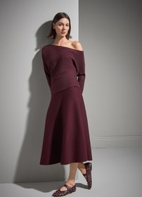 Resim Beli Lastikli Kloş Midi Bordo Triko Etek - Bordo / S 