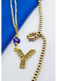 Resim Gold Renkli Parlak Taşlı Yassı Cam Nazar Boncuklu Y Harfi Araba D 