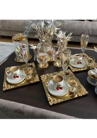 Resim Atabey Home Collection 2'li Kahve & Çay & Sunum Tepsisi Metal Döküm Kare Gold Tepsi Gül Model 