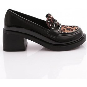 Resim Dgn 2101 Yüksek Taban Taş Detayli Loafer Kadin Ayakkabi Siyah Rugan Leopar 
