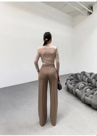 Resim 230 Gr Poly Viscose Lycra Metal Düğme Palazzo Pantolon Vizon 