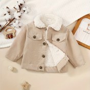 Resim Kızlar İçin Kışlık Ceket - Bej/Düğmeli Yaka, Peluş Dokulu, Esnemez Kadife Görünümlü, Kolay Düğme Kapamalı Çocuk ve Bebekler için Resmi & Günlük Giyim (Sonbahar/Kış) - Şık Dış Giysi, Küçük Çocuk Kışlık Mont, Mevsimsel Çocuk Giysisi, Klasik Yaka, Dayanıklı Çocuk Giysisi, Bebek Dış Giyim, Yumuşak Kumaş, Bebek Modası 
