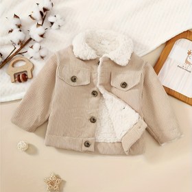 Resim Kızlar İçin Kışlık Ceket - Bej/Düğmeli Yaka, Peluş Dokulu, Esnemez Kadife Görünümlü, Kolay Düğme Kapamalı Çocuk ve Bebekler için Resmi & Günlük Giyim (Sonbahar/Kış) - Şık Dış Giysi, Küçük Çocuk Kışlık Mont, Mevsimsel Çocuk Giysisi, Klasik Yaka, Dayanıklı Çocuk Giysisi, Bebek Dış Giyim, Yumuşak Kumaş, Bebek Modası 