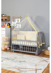 Resim Ahşap Beşik Anne Yanı Beşik Gri 60x120 - Sarı Yıldız Tek Yastık Uyku Seti + Yatak Gri 