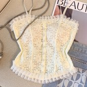 Resim Kadınlar için Beyaz Dantel Kolsuz Fırfırlı Atlet - Çiçek Desenli Bohem Yaz Stili, %100 Polyester, Makinede Yıkanabilir, Hafif ve Nefes Alabilen, Dantelli Atlet 