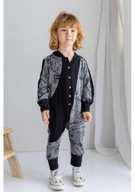 Resim Oliven The Kid Oliventhekid Siyah Gri Ince Triko Geometrik Desenli Kapişonlu Önden Düğmeli Kışlık Unisex Çocuk Tulum Bej Bej 