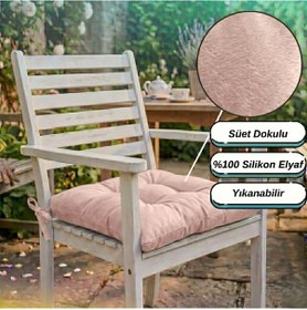 Resim 4 Adet - 40x40 Cm Lüks Süet Dokulu Gül Kurusu Sandalye Minderi - %100 Silikon Elyaf Dolgulu Yıkanabilir Minder 