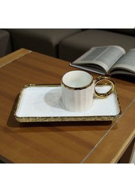 Resim Buenos Porselen Sedef Yaldızlı Sunumluklu Kahve Fincan Takımı Seti 6 Kişilik Altın 