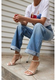 Resim Lemina Kadın Siyah Tek Bant Topuklu Sandalet Beyaz 