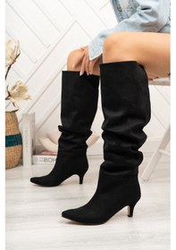 Resim Sr-2001 Siyah Süet Körüklü İnce Topuklu Günlük Bayan Çizme Resimdeki Renk 