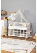 Resim Ahşap Beşik Anne Yanı Beşik Beyaz 60x120 - Krem Beyaz Örgü Uyku Seti Seti + Yatak + Tekerlekli Beyaz 