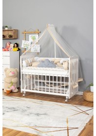 Resim Ahşap Beşik Anne Yanı Beşik Beyaz 60x120 - Krem Beyaz Örgü Uyku Seti Seti + Yatak + Tekerlekli Beyaz 