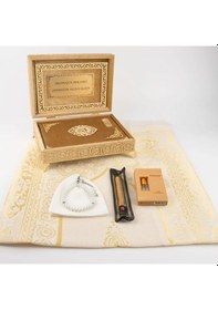 Resim Kuran + Seccade + Tesbih + Takke + Esans + Misvak Hediye Seti Orta Boy, Raşel Cilt, Gold 