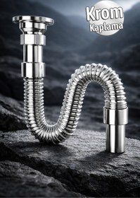 Resim Badem10 Körüklü Lavabo Sifonu Koku Önleyici Krom Gümüş Evye Gider Borusu Sifon Hortumu Uzun 33-80 cm Uzayan 