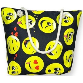 Resim Kadın Çok Amaçlı Büyük Boy İçi Astarlı Fermuarlı Siyah Renkli Emoji Desenli Örgülü Yumuşak Saplı Deniz Plaj El Ve Omuz Çantası Sarı 