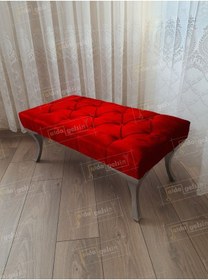 Resim Kapitoneli Ayak Ucu Kapı Önü Antre Bench Puf Gümüş Ayak 100 45 Kırmızı 