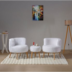 Resim mhrgroup cma Modern Teddy Kumaş Ahşap Ayaklı Berjer Koltuk Seti & Puf | Şıklık ve Konfor Bir Arada Üçlü Çay Seti 