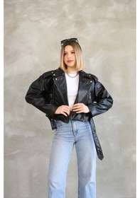 Resim Genculus Kemerli Crop Deri Oversize Kadın Yeni Sezon Ceket Çok Renkli 