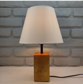 Resim Teak Rengi Ahşap Kütük Ayaklı Beyaz Şapkalı Abajur Masa Lambası Altın 