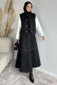 Resim Bisiklet Yaka Body Süet Yelek Etek Tesettür Üçlü Takım Siyah TZL-P-00020275 
