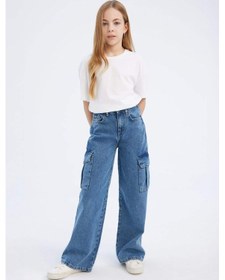 Resim DeFacto Kız Çocuk Wide Leg Kargo Geniş Bol Paça Pamuklu Jean Pantolon D7091A825SMNM28 Mavi 