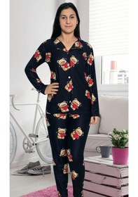 Resim Kız Çocuk Süet Kışlık Boydan Düğmeli Kalın Pijama Takımı Lacivert-kırmızı Lacivert - Kırmızı 
