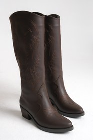 Resim Ayakkabı Delisiyim Kahverengi Deri Kadın Çizme Nakışlı Western Kovboy Kaymaz Taban Kalın Topuklu Sahra 