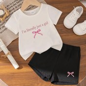 Resim Küçük Kızlar İçin Yazlık Temel Ürünler - "Ben Gerçekten Sadece Bir Kız" T-Shirt ve Şort Seti, Pembe Kurdele Baskılı Beyaz Tişört, Eşleşen Kurdeleli Siyah Şort, Gençler İçin Rahat İki Parçalı Kıyafet, Rahat Yazlık Giyim | Eğlenceli Baskılı Üst | Esnek Kumaş Şort, Kız Giyim, Dış Mekan İçin 