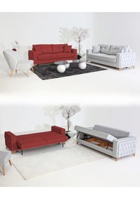 Resim Nola Koltuk Takımı 3+3+1 & Bazalı Yataklı Koltuk & Kanepe - Keten Gri-bordo 