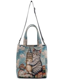 Resim Kadın Vegan Mavi Large Tote Bag - Galata Cat Tasarım A.Haki 